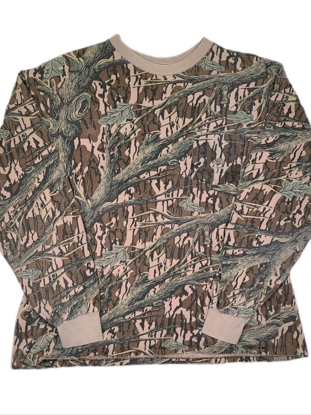 Vtg Mossy Oak Green Leaf Camouflage Camo Pocket Long Sleeve T Shirt XL USA Made